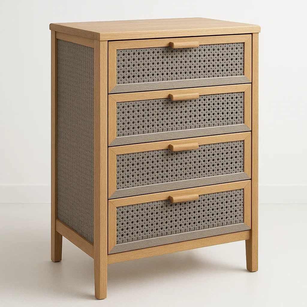 Cassettiera in rattan intrecciato con struttura in legno di quercia e quattro cassetti-Divanimo