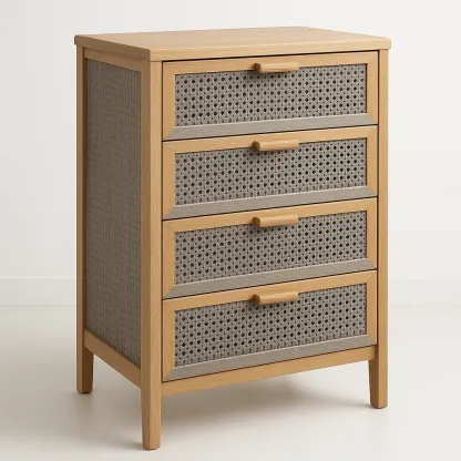 Cassettiera in rattan intrecciato con struttura in legno di quercia e quattro cassetti-Divanimo