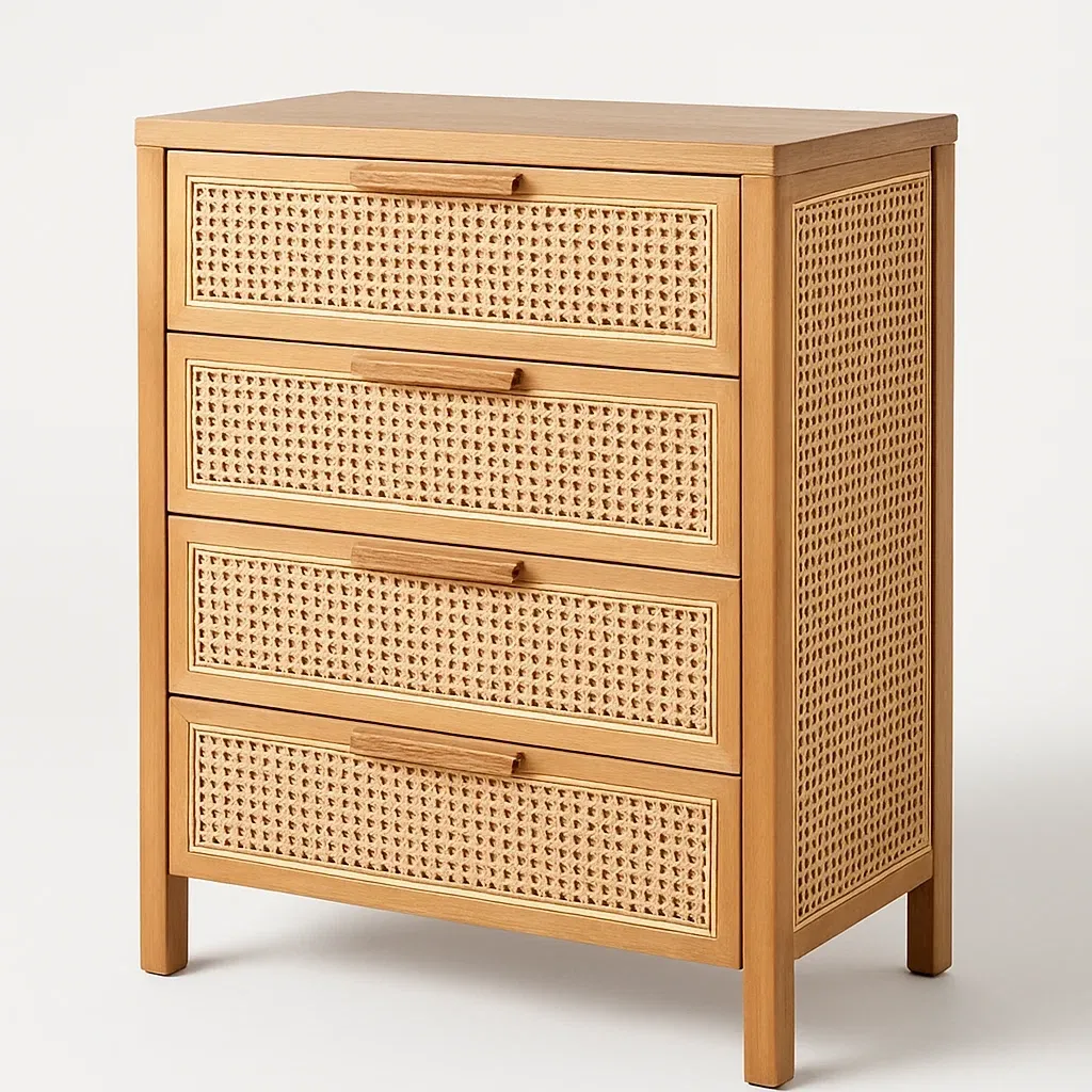 Cassettiera in rattan intrecciato con struttura in legno a quattro cassetti Naturale 25 kg-Divanimo