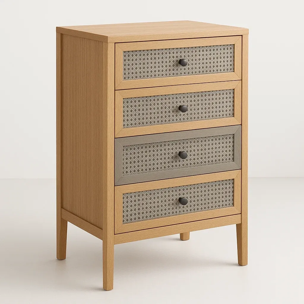 Cassettiera in rattan intrecciato con dettagli intrecciati e quattro cassetti-Divanimo
