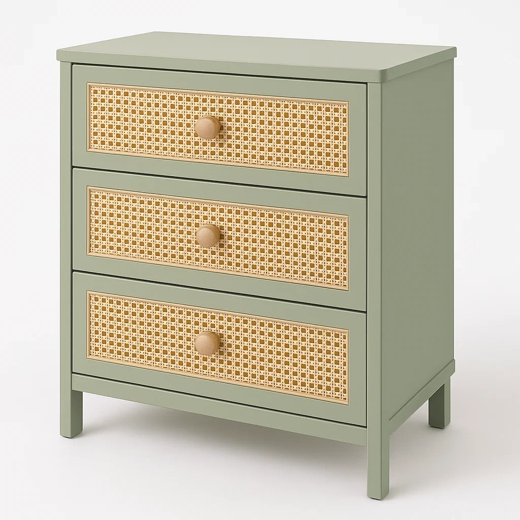 Cassettiera in rattan intrecciato con tre cassetti e struttura in legno-Divanimo