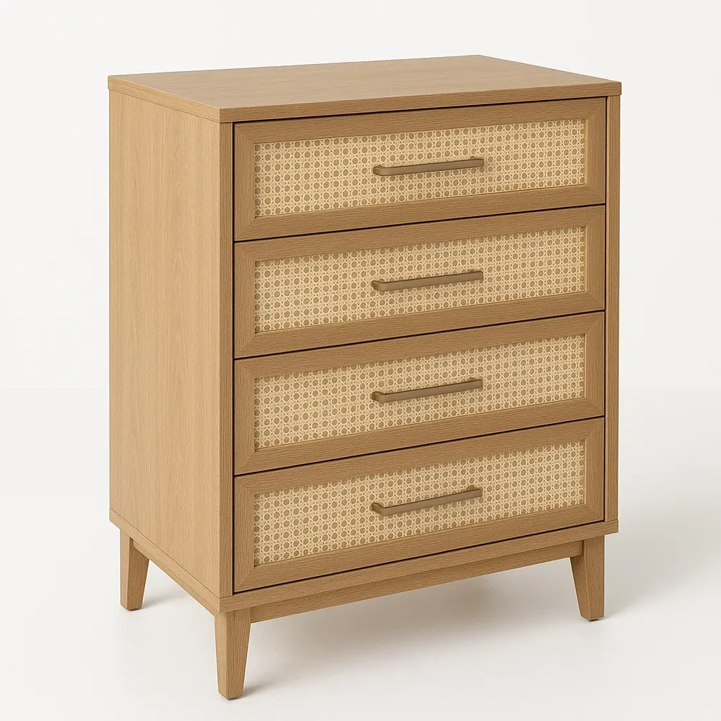 Cassettiera in rattan intrecciato con struttura in legno e quattro cassetti Beige Legno naturale 20 kg-Divanimo