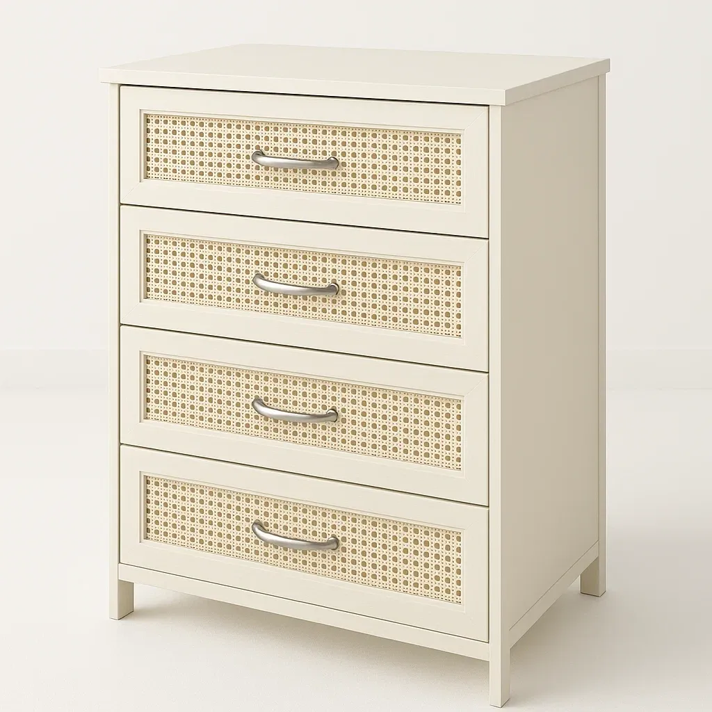 Cassettiera in rattan intrecciato con struttura in legno e quattro cassetti Bianco Beige 27 kg-Divanimo