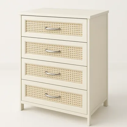 Cassettiera in rattan intrecciato con struttura in legno e quattro cassetti Bianco Beige 27 kg-Divanimo