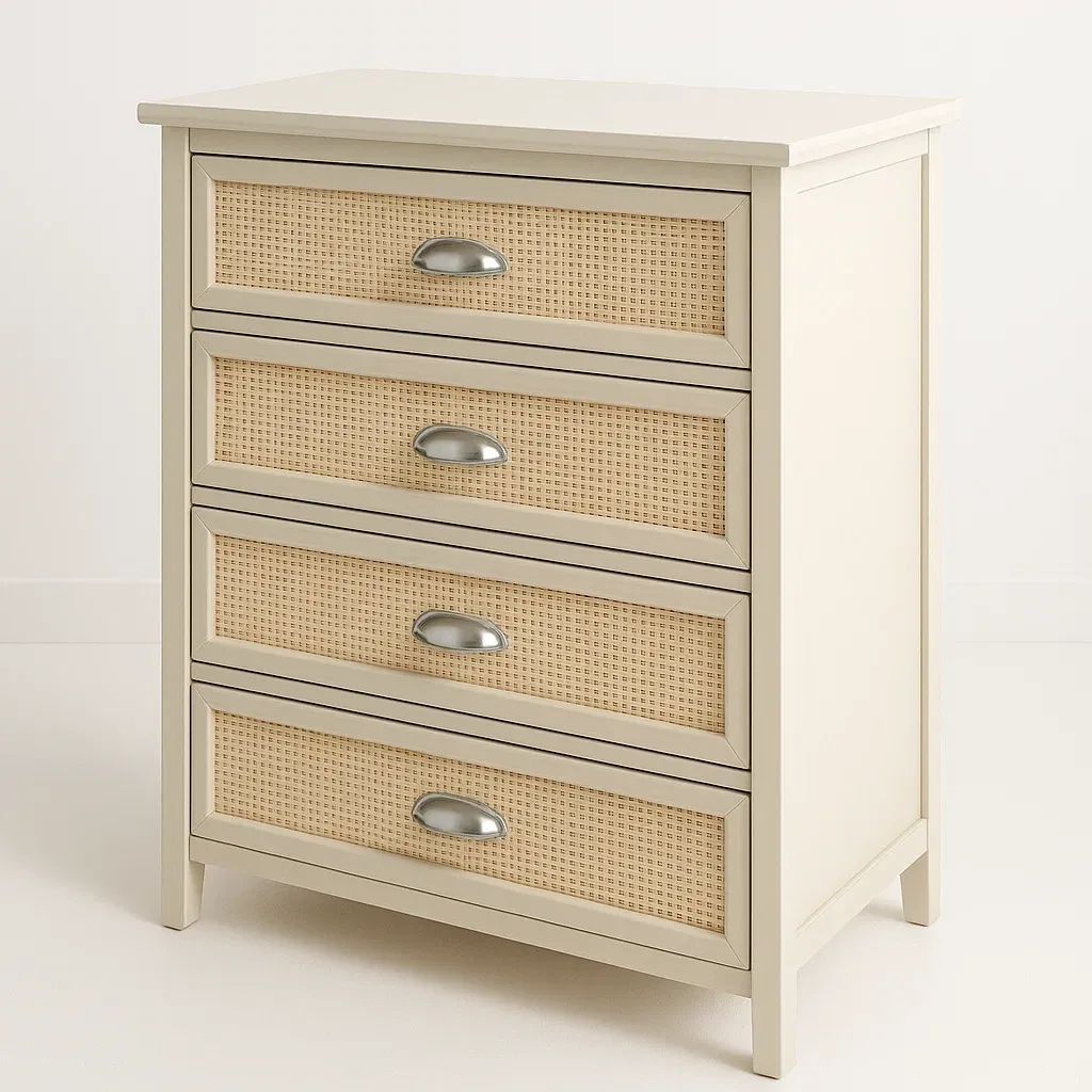 Cassettiera in rattan intrecciato con struttura in legno a quattro cassetti Crema Naturale 25 kg-Divanimo