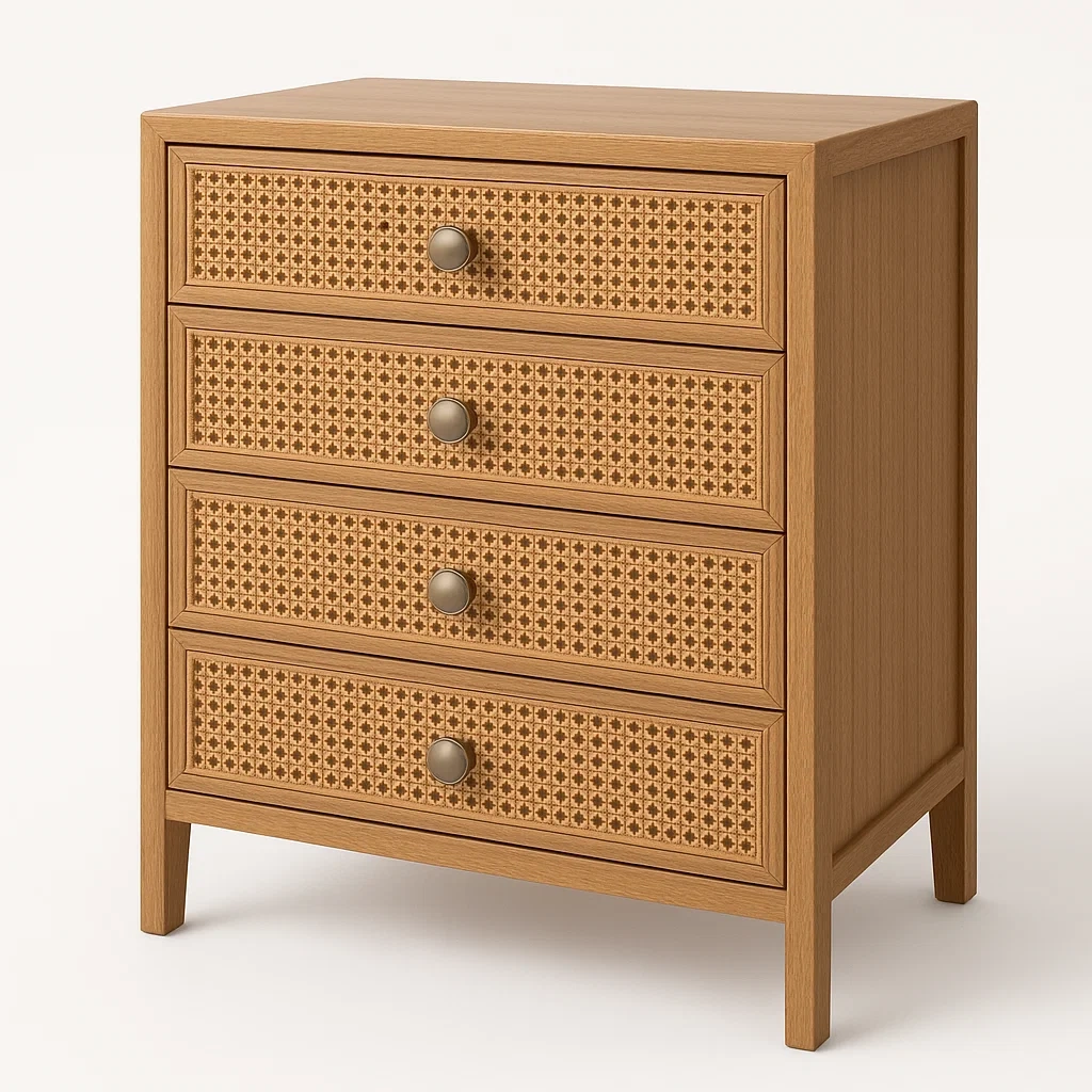 Cassettiera in rattan intrecciato con quattro cassetti e struttura in legno Naturale 25 kg-Divanimo