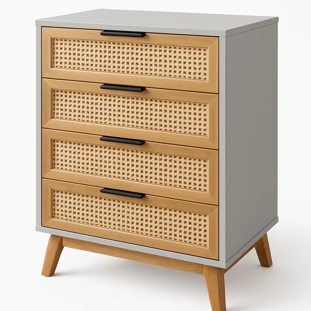 Cassettiera in rattan intrecciato con struttura in legno e quattro cassetti Grigio Naturale Legno 25 kg-Divanimo