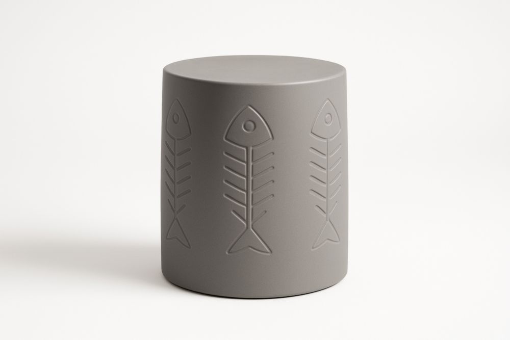 Table d'appoint d'extérieur cylindrique en céramique grise avec motif poisson