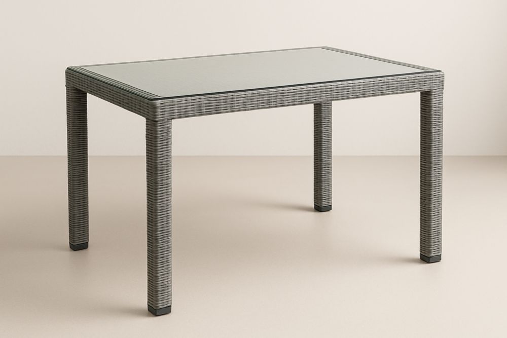 Table de salle à manger de jardin rectangulaire en résine tressée et verre trempé gris