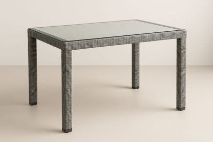 Table de salle à manger de jardin rectangulaire en résine tressée et verre trempé gris