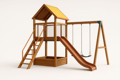Aire de jeux en bois de pin avec toboggan, balançoire et bac à sable – Marron et Jaune