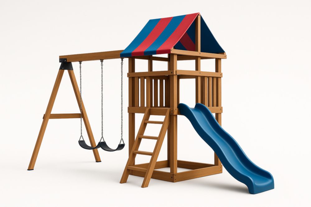 Aire de jeux en bois de pin avec balançoire et toboggan bleu et rouge