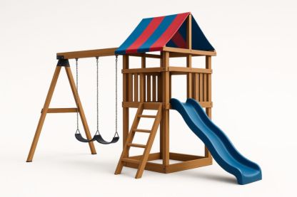 Aire de jeux en bois de pin avec balançoire et toboggan bleu et rouge