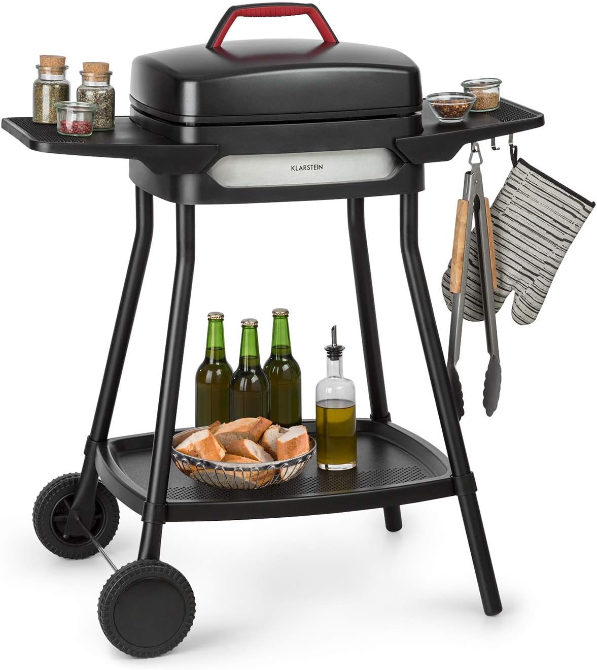 Klarstein Gatsby Elektrogrill Standgrill Tischgrill, Leistung: 2000 W, EasyGrill Concept, Grillfläche: 40 x 36 cm Aluminiumdruckguss Antihaft Grillhaube, zwei Seitentische, schwarz-Snugsta
