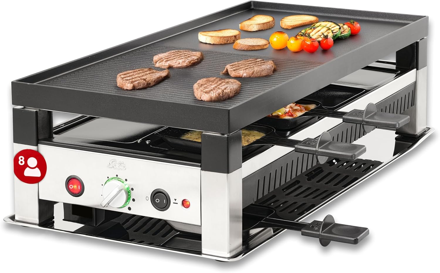 Solis 5in1 Tischgrill mit 1400 W, Elektrischer Grill für 8 Personen, Indoor Grill mit Raclette - und Mini - Wok - Pfännchen, Elektrogrill für Balkon, Garten und Küche, Edelstahl-Snugsta