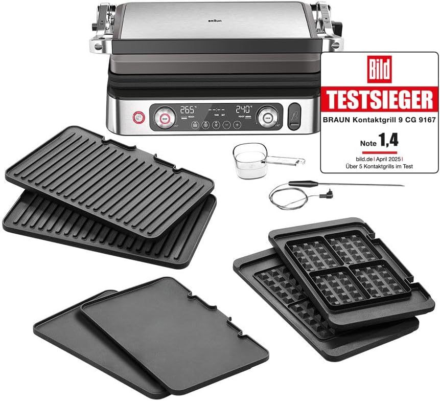 Braun MultiGrill 9 Pro CG 9167, Kontaktgrill mit Grill - , Flach - , Waffelplatten und Temperaturfühler, Grillpositionen: Kontakt, BBQ, Ofen, Spülmaschinenfeste Platten, Boost - Funktion bis 265 Grad-Snugsta