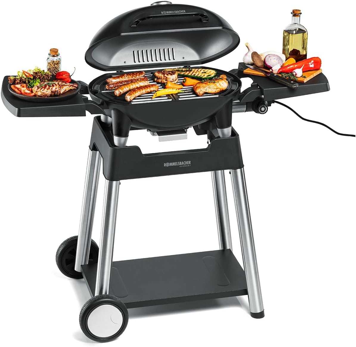 ROMMELSBACHER Barbecue Grill BBQ 4100 S, 2 - teiliger Grillrost aus Gusseisen, Scharnierdeckel mit Temperaturanzeige, Temperaturen bis 300 GradC, stufenlos regelbar, inklusiv Grillwagen, 2200 W-Snugsta