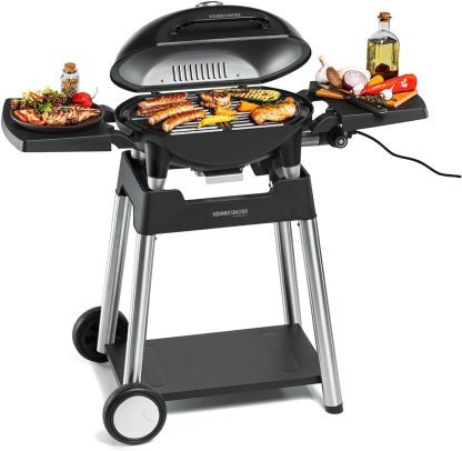 ROMMELSBACHER Barbecue Grill BBQ 4100 S, 2 - teiliger Grillrost aus Gusseisen, Scharnierdeckel mit Temperaturanzeige, Temperaturen bis 300 GradC, stufenlos regelbar, inklusiv Grillwagen, 2200 W-Snugsta