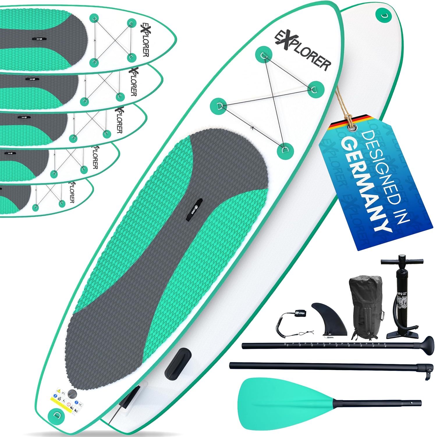 EXPLORER Wave SUP Stand Up Paddling Board Kinder bis Erwachsene mehrere Größen Mint 244cm - 335cm bis 160kg Set mit Paddel, Rucksack, Pumpe, Finne und Flickenset-Snugsta