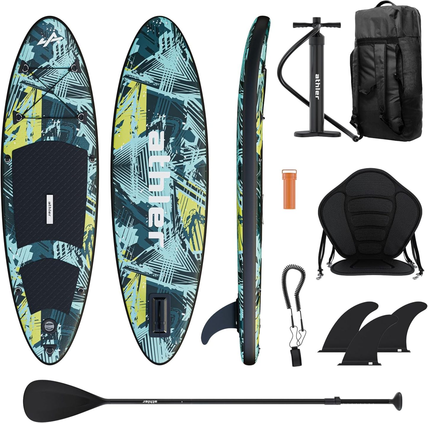 Athler Splash 50 - Aufblasbares Jugend - SUP Stand Up Paddle Board mit Sitz und Zubehör - Kajakfunktion - Komplettset mit Rucksack, Paddel, Pumpe, Leash, Finnen-Snugsta
