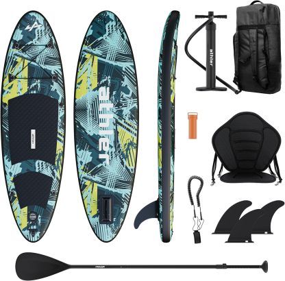 Athler Splash 50 - Aufblasbares Jugend - SUP Stand Up Paddle Board mit Sitz und Zubehör - Kajakfunktion - Komplettset mit Rucksack, Paddel, Pumpe, Leash, Finnen-Snugsta