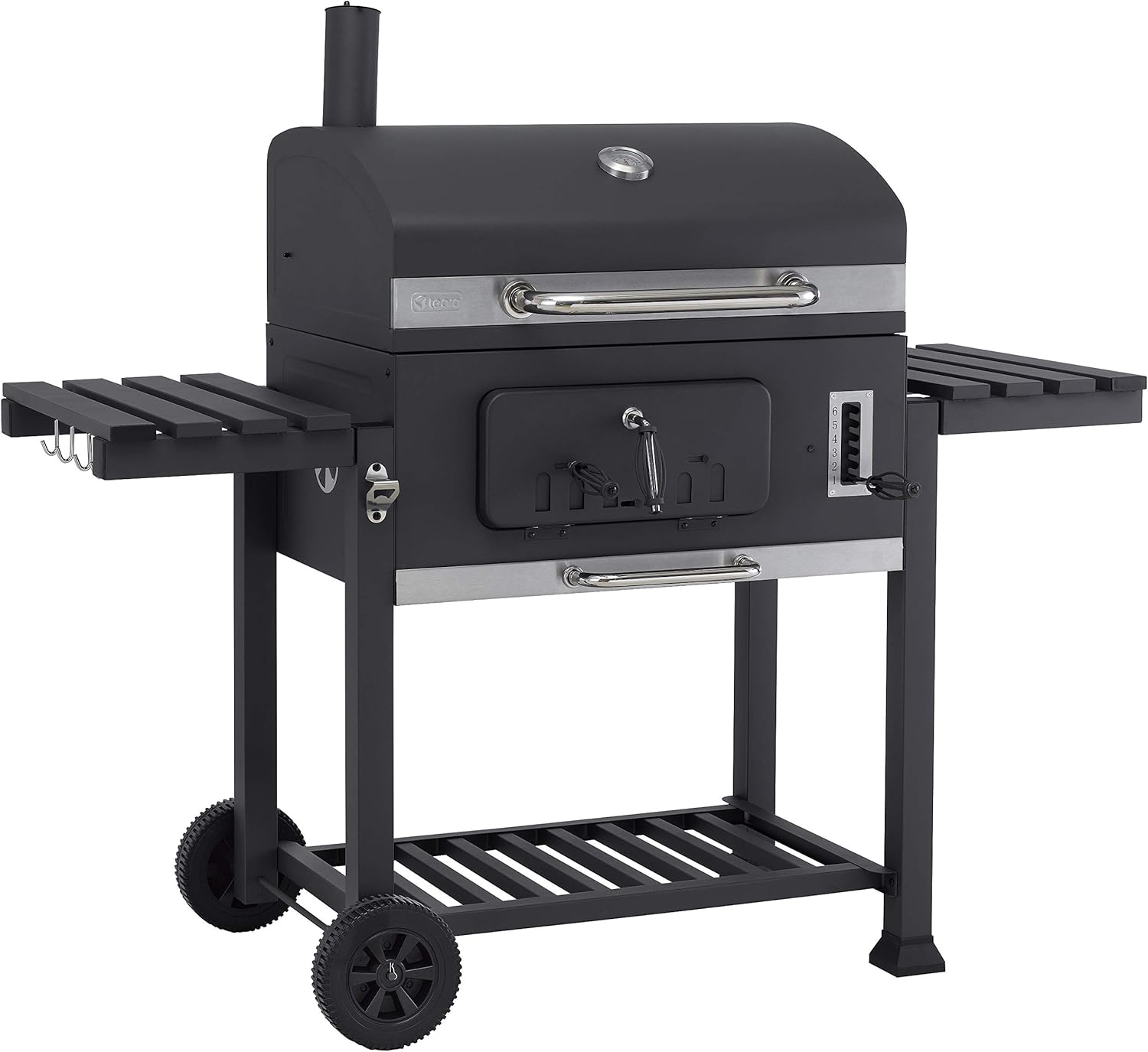 tepro Toronto XXL, Holzkohlegrill Grillwagen, Grillfläche: ca. 71,5 x 46 cm, Edelstahl - Griff, Thermometer und höhenverstellbarer Kohlebene, Kaminanzug und Kohleklappe, Maße ca. 152 x 73 x 137 cm-Snugsta