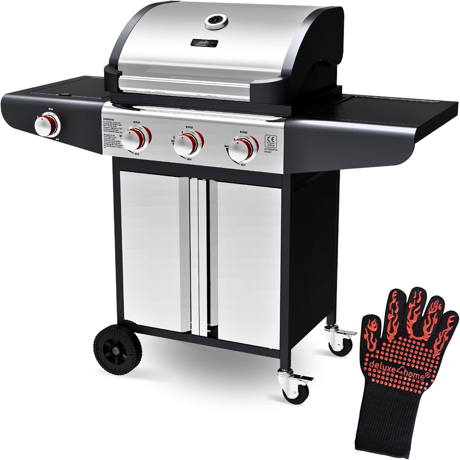 Gasgrill BBQ Grillwagen mit Deckel I 31 Seitenbrenner XXL Grill Rollbar Seitenablage I inkl. Grillhandschuh und Grillthermometer I Rollgrill Standgrill-Snugsta