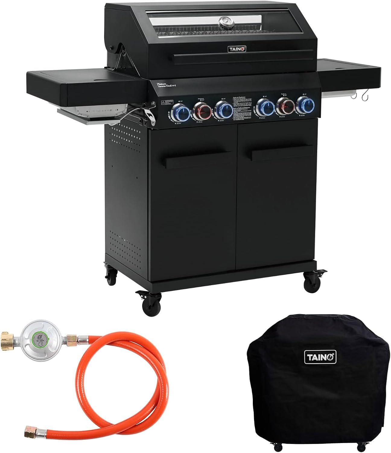 TAINO PLATINUM YAMARA DARK 42 Gasgrill Set Stahl 4 Brenner Keramik Sear - Burner Keramik Backburner Piezo - Zündung Abdeckhaube-Snugsta