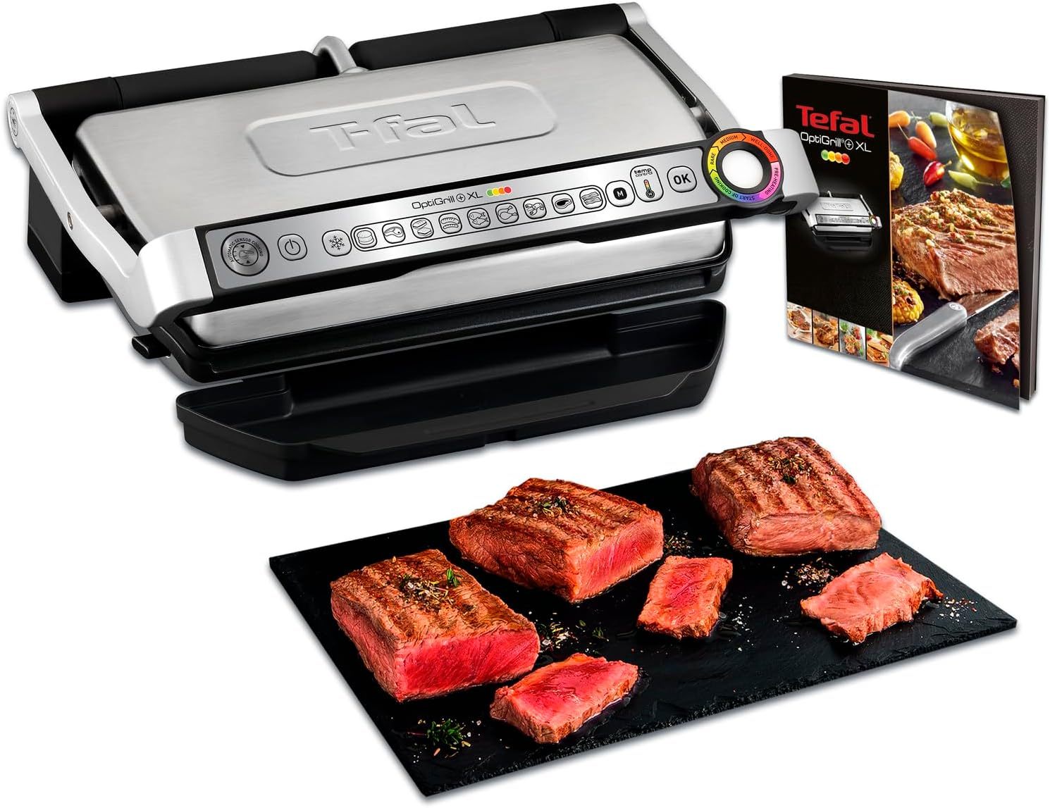 Tefal OptiGrill XL Kontaktgrill, 9 Programme, manueller Modus, 200 W, Garstufenanzeige, Dickemessung, Abnehmbare XL - Platten, Elektrogrill, Edelstahl, GC722D16-Snugsta