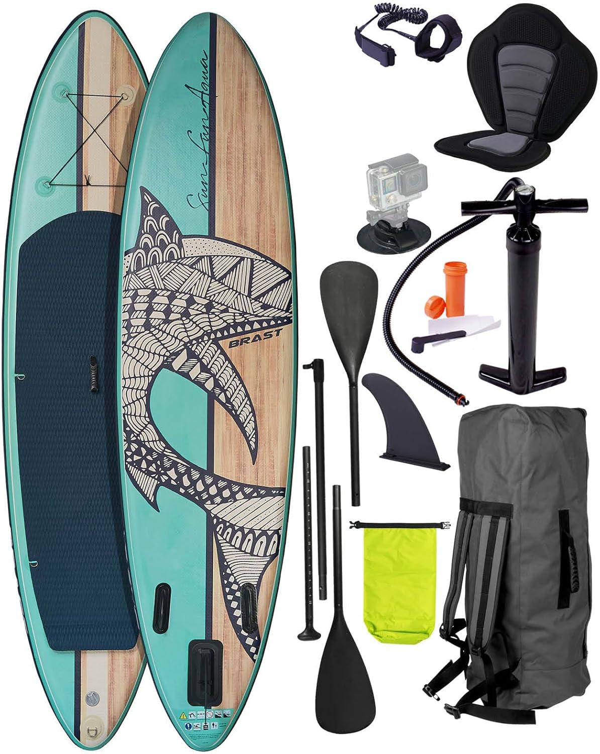 BRAST SUP Board Retro - Aufblasbares Stand up Paddle Set - 320x81x15cm - 3 Modelle - 5 Jahre Garantie - inkl. Sonderzubehör - 2in1 Paddel Kajak - Sitz Action - Cam - Halterung Fußschlaufe Pumpe Rucksack-Snugsta