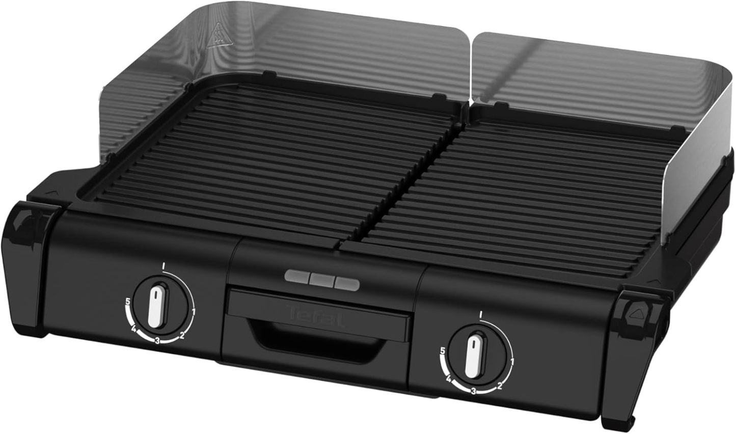 Tefal BBQ Family Elektrischer Tischgrill, 2 getrennte Grillflächen, 2 Thermostate, antihaftbeschichtete Alu - Druckguss Grillplatten, spülmaschinengeeignet, extra tiefe Rillen, Schwarz Silber, TG800N10-Snugsta
