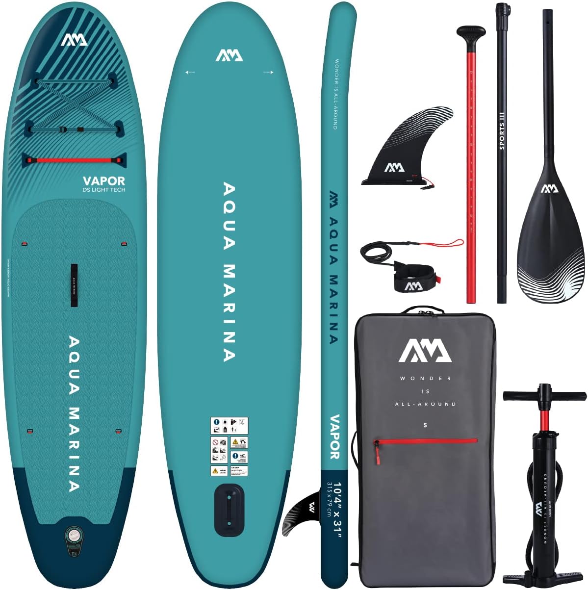 Aqua Marina Vapor SUP Aufblasbares Stand Up Paddle Board mit Paddel, Leine, Magic Rucksack und Double Action Pumpe-Snugsta