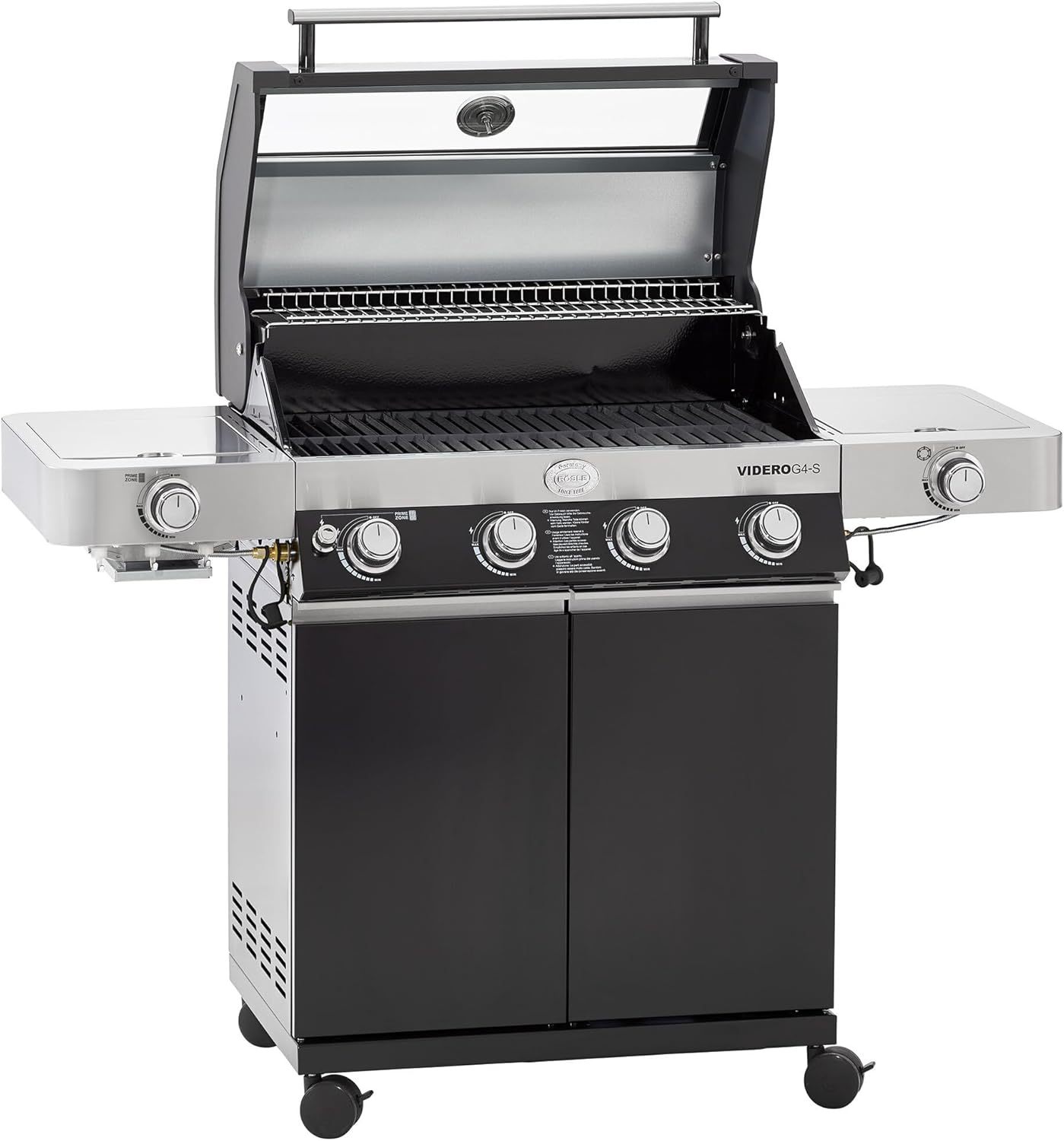 RÖSLE Gasgrill BBQ - Station VIDERO G4 - S Schwarz, Grill mit 4 Edelstahlbrennern, extra Primezone und Seitenbrenner, klappbare Seitentische, VARIO, pulverbeschichteter Stahl-Snugsta