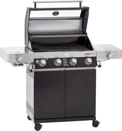 RÖSLE Gasgrill BBQ - Station VIDERO G4 - S Schwarz, Grill mit 4 Edelstahlbrennern, extra Primezone und Seitenbrenner, klappbare Seitentische, VARIO, pulverbeschichteter Stahl-Snugsta