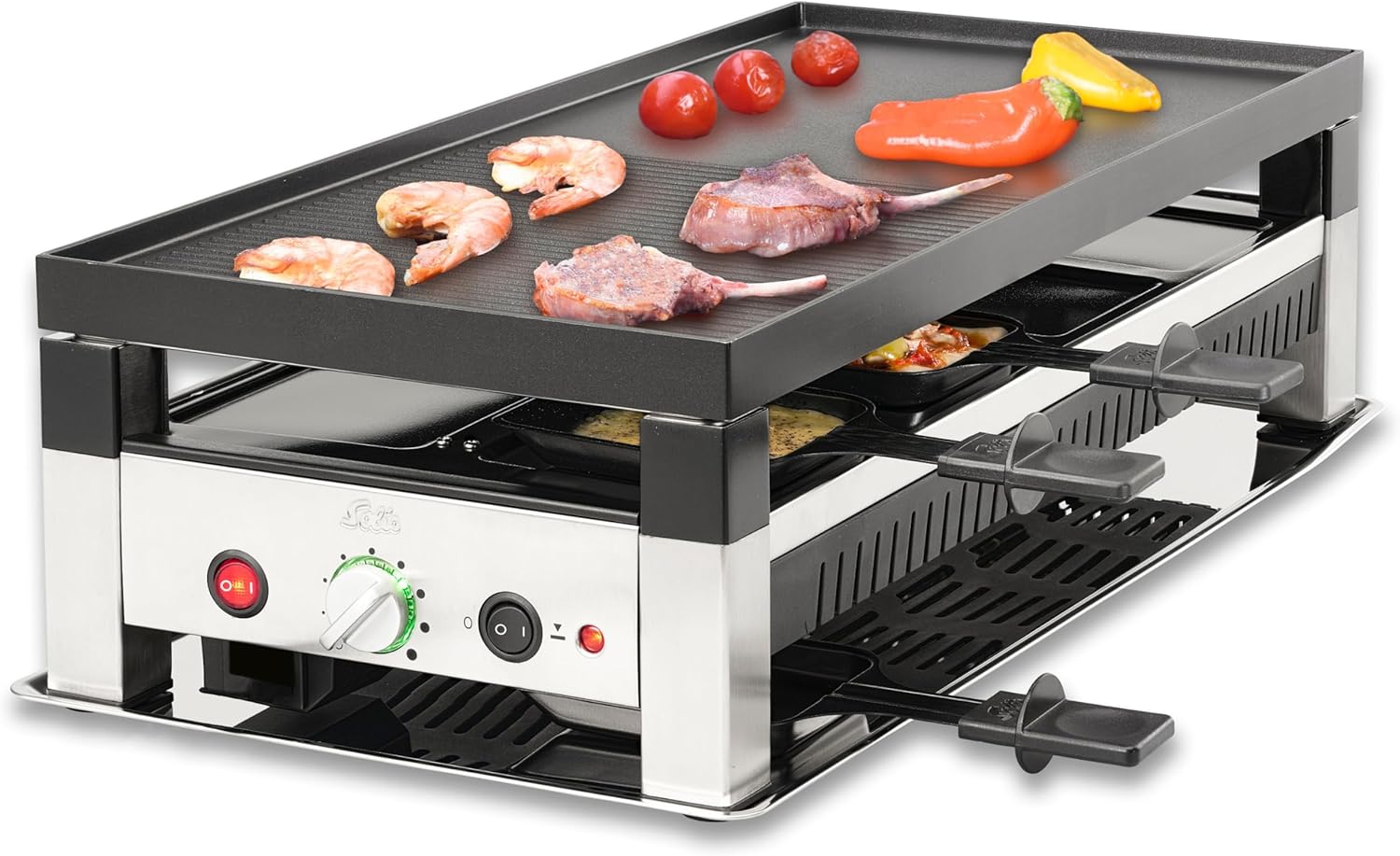 Solis 5 in 1 Table Grill 791 Raclette 8 Personen - Raclette Tischgrill Wok Pizza Grill Crepes - Elektrogrill - 1400W - Edelstahl-Snugsta