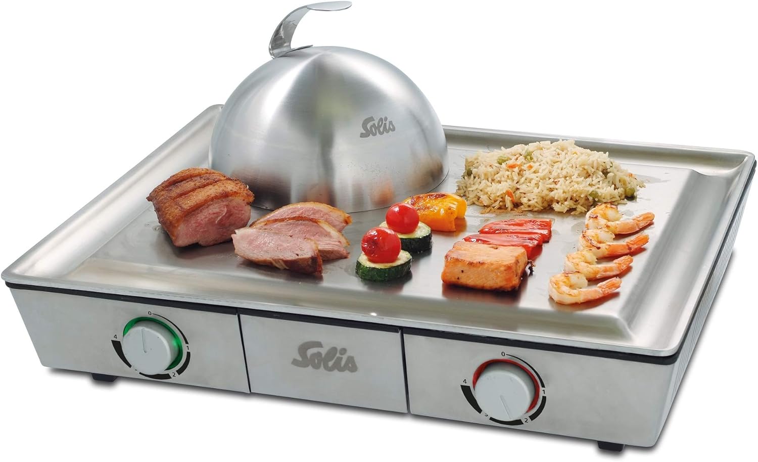 Solis Teppanyaki Home 795 Tischgrill - Elektrogrill - Plancha Grillplatte - Teppanyaki Grill mit Glocke - Zwei Heizzonen - Grillen und Dünsten - 8 Personen-Snugsta