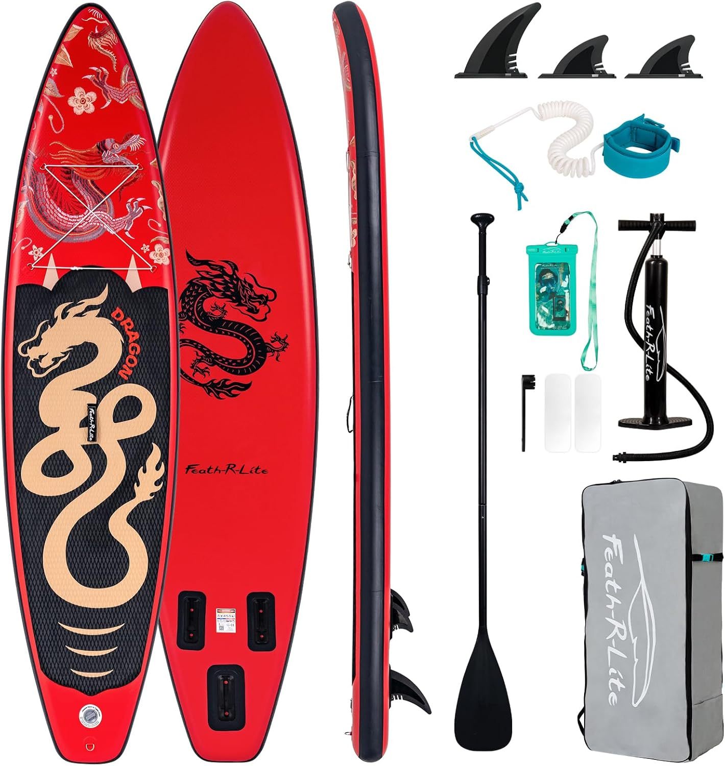 FEATH - R - LITE Aufblasbare Stand Up Paddle Boards Multifunktionale Paddleboard Mit Handpumpe, Sup Rucksack, Leine, Einstellbares Paddel, Für Erwachsene, Aller Fertigkeitsstufen Drache - Rot-Snugsta