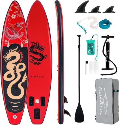 FEATH - R - LITE Aufblasbare Stand Up Paddle Boards Multifunktionale Paddleboard Mit Handpumpe, Sup Rucksack, Leine, Einstellbares Paddel, Für Erwachsene, Aller Fertigkeitsstufen Drache - Rot-Snugsta