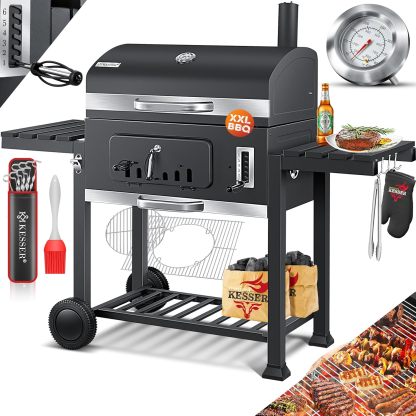 KESSER Grill Grillwagen BBQ Smoker XXL Holzkohlegrill mit Deckel, Rädern, Edelstahl - Griff, Grillrost und Thermometer, 8 Spieße mit Tasche und Silikon - Pinsel, Standgrill, Kohlegrillwagen-Snugsta