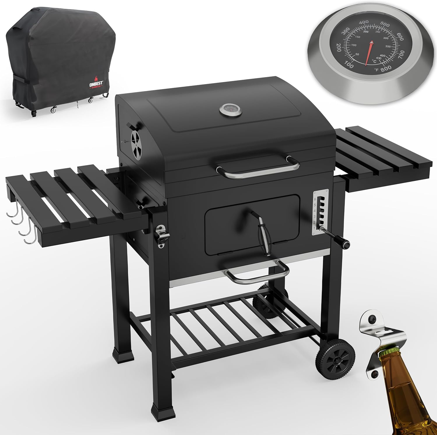 Holzkohlegrill mit Grillrost aus Gusseisen - PLUS Abdeckung - XXL BBQ Grill mit Deckel - mobiler Grillwagen mit klappbaren Ablagen - Grillrostverstellung - Thermometer - Flaschenöffner-Snugsta
