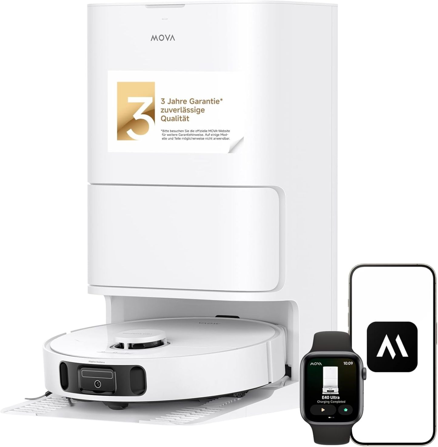 Mova E40 Ultra Saugroboter mit Wischfunktion, Autom. Leerung und 19.000 Pa, MaxiReach - Wischmopp - T., Verhedderungsfreie Seitenbürste, Eingeb. 80 - ml - Wasserb, All - in - One - Station zu 75 Tage Reinigung-Snugsta