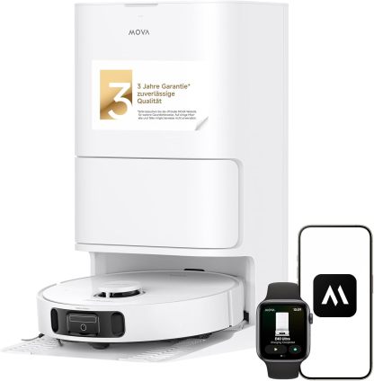 Mova E40 Ultra Saugroboter mit Wischfunktion, Autom. Leerung und 19.000 Pa, MaxiReach - Wischmopp - T., Verhedderungsfreie Seitenbürste, Eingeb. 80 - ml - Wasserb, All - in - One - Station zu 75 Tage Reinigung-Snugsta