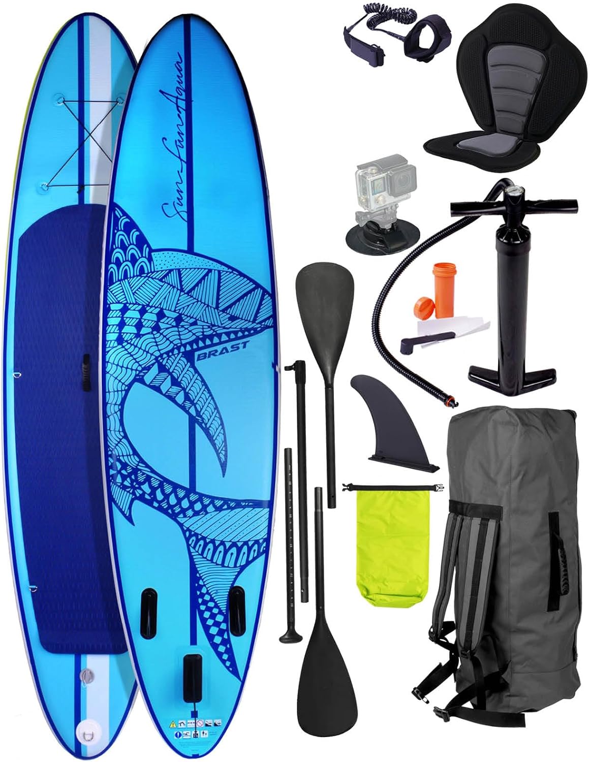 BRAST SUP Board Shark - Aufblasbares Stand up Paddle Set - 320x81x15cm - 8 Designs - 5 Jahre Garantie - inkl. Sonderzubehör - 2in1 Paddel Kajak - Sitz Action - Cam - Halterung Fußschlaufe Pumpe Rucksack-Snugsta