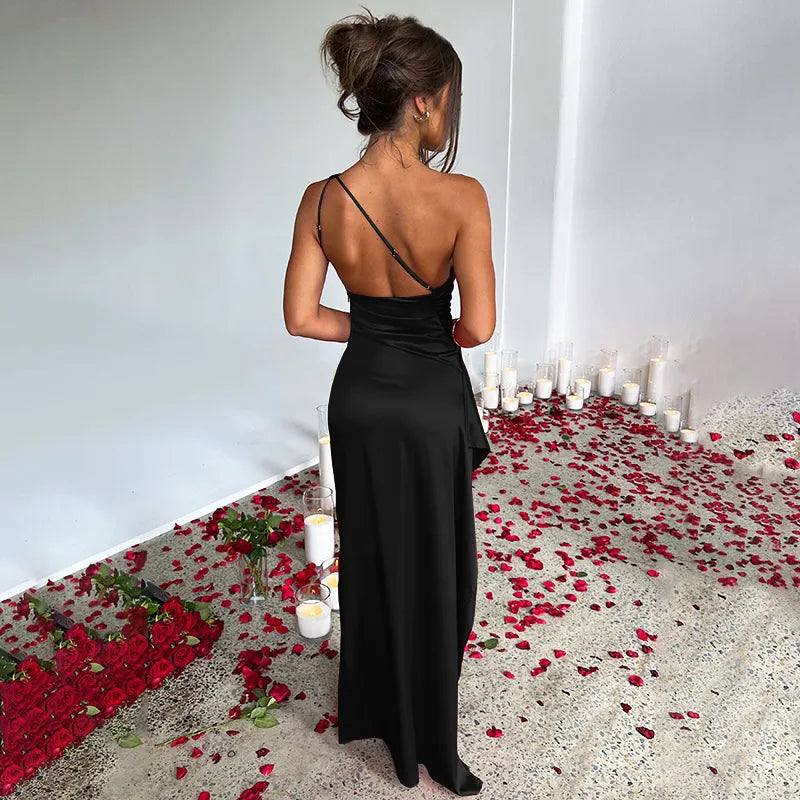 Valefold One Shoulder Satin Maxi Dress