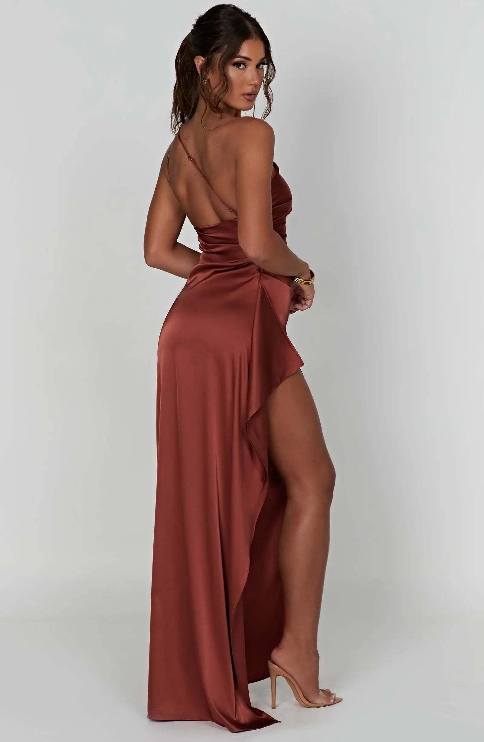Valefold One Shoulder Satin Maxi Dress