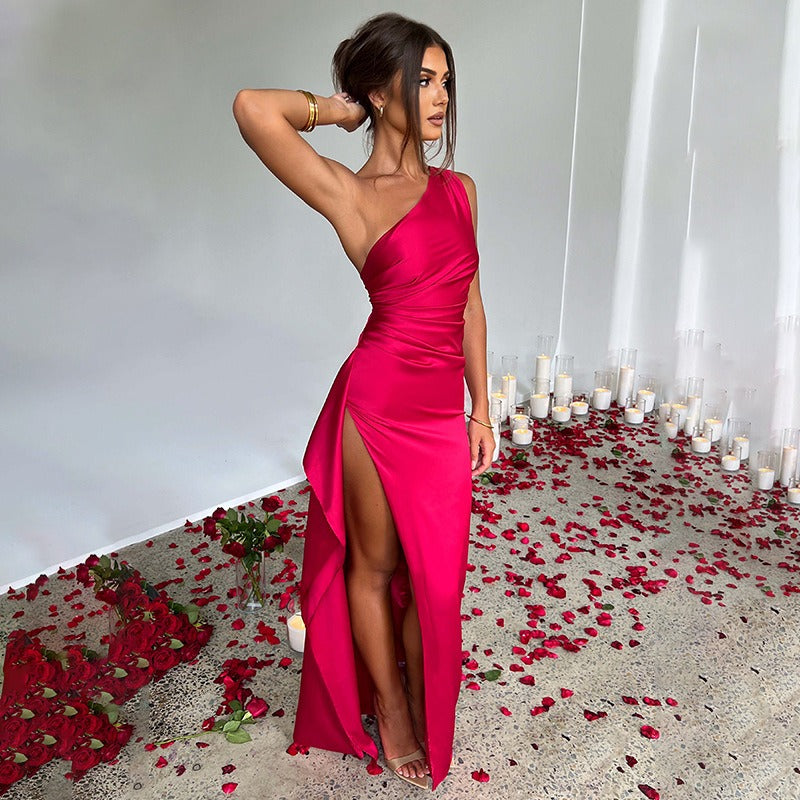 Valefold One Shoulder Satin Maxi Dress