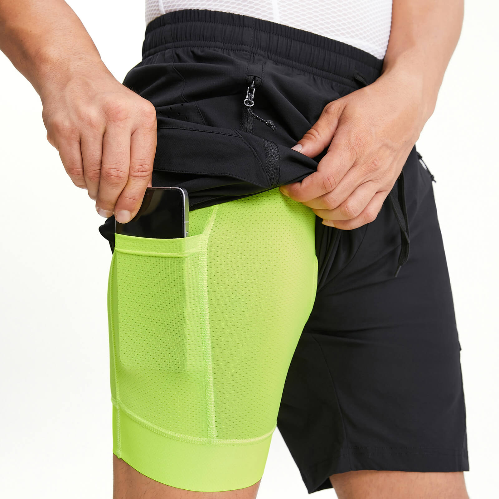 men water repellent multi purpose cycling utility shorts neon lime liner pockets