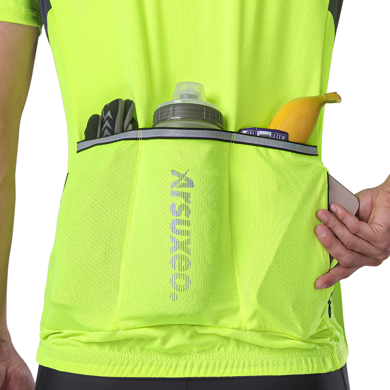 men pro short sleeve cycling jersey fluorescent green pockets