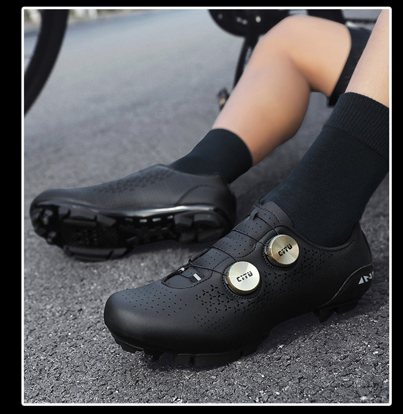 black cycling shoes on foot