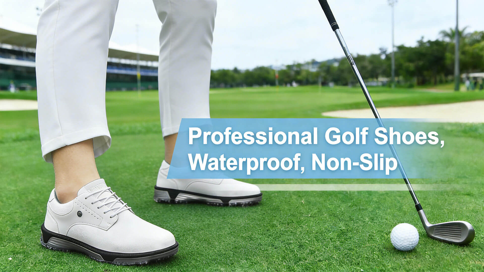 A man wearing golf shoes is playing golf